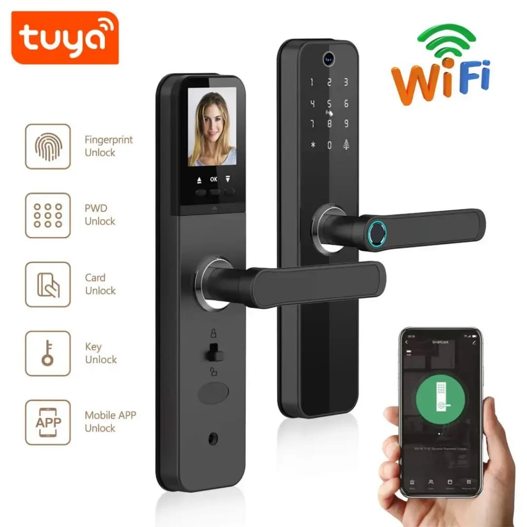 Tuya Smart Wifi APP Remote Control Eletronic Biometric Digital Intelligent Lock With Cats Eye Camera + Screen Multi-languages